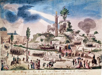 Francouzská revoluce: Slavnost Nejvyšší bytosti na Champs de Mars dne 8. 6. 1794 (20 Prairial An II). Anonymní rytina 18. století.