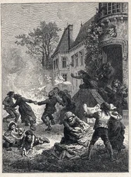 Francouzská revoluce: rolníci spálili své feodální tituly a tančili kolem ohně na oslavu zrušení privilegií v srpnu 1789. Rytina z roku 1889. Soukromá sbírka.