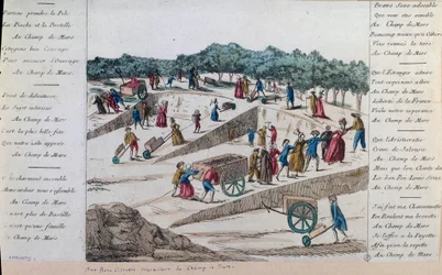 Francouzská revoluce: dělníci na Champs de Mars v roce 1789 v Paříži. Paříž, Musee Carnavalet