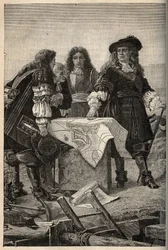 Francouzský architekt Vauban vypracovává plány opevnění Belfortu (východní Francie) na žádost Ludvíka XIV. v roce 1687 - Sebastien Le Prestre de Vauban uvádí plány opevnění Belfortu - rytina „” PATRIE”” - POPIS PECTUREEQU