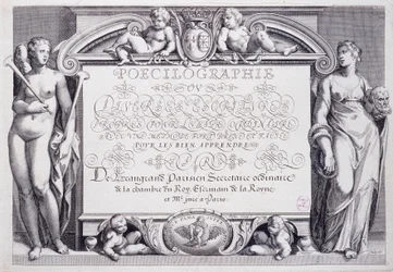 Francouzská kaligrafie: Poecilografie, frontispis, od Baptista de Beaugrand v roce 1606.