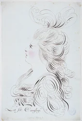 Francouzská kaligrafie: Portrét princezny z Polignacu v obličeji vylepšený akvarelem od Bernarda de Paris kolem roku 1780. Historická knihovna města Paříže.