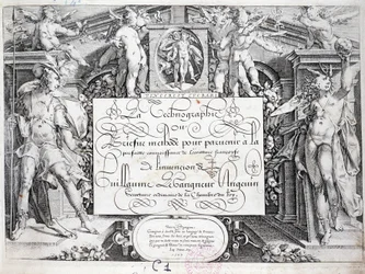 Francouzská kaligrafie: Technografie, frontispis Guillauma Gangneura kolem roku 1599. Historická knihovna města Paříže.