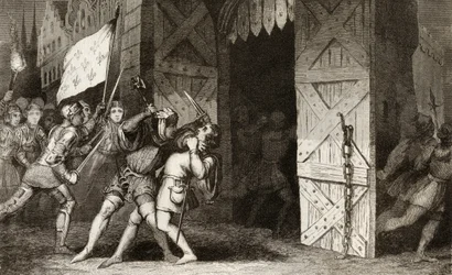 Francouzští rytíři zaútočili na město držené Angličany během 100leté války, z „Histoire de France“ od Colarta, vydané kolem roku 1840