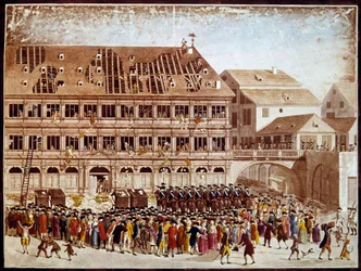 Francouzská revoluce: plenění štrasburské radnice 20.7.1789. Anonymní tisk. Paříž, B.N.