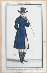 Frock kabát se slaměným kloboukem, nankeenové kalhoty a měkké boty, 1819