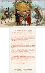 Přední a zadní strana propagační karty na nápoj Chicorée à la Bergère s vyobrazením života ve Walesu, kolem roku 1890 (viz také 488433)