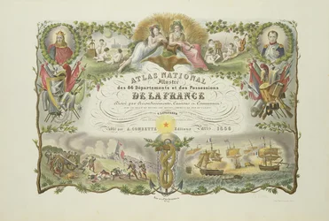 Frontispis Atlas Nacional Illustre des 86 Departments et des Possessions de la France, od Victora Levasseura 1856 (ručně kolorovaná rytina)