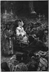 Pohřeb Joachima II. (1791-1878): tělo konstantinopolského ekumenického patriarchy je vystaveno patriarchální církvi ve Phanaru. Je oděn do svých kněžských šatů a mitry. Rytina v „“ Le Monde Illustré““ č. 1123 z 5. října 1878.