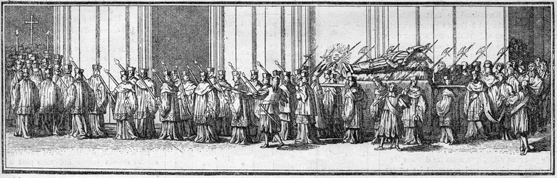 Pohřeb papeže v 18. století: tělo papeže nese do kostela svatého Petra v Římě. Rytina v „Histoire des religions““.