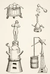 Pec, retorty, destilační přístroje a destilační přístroje používané chemiky a alchymisty v 16. století, z Vědy a literatury ve středověku od Paula Lacroixe (1806-84) publikované v Londýně 1878 (l