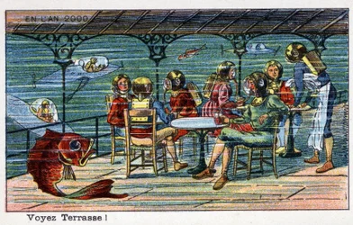Budoucí dny: Vize roku 2000 devatenáctého století - Série „“ V roce 2000“: Viz terasa (pod mořem). Chromolitografie od Villemarda