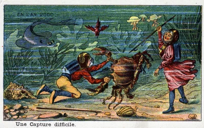 Budoucí dny: Vize roku devatenáctého století série 2000: Obtížné zachycení (pod mořem). Chromolitografie od Villemarda