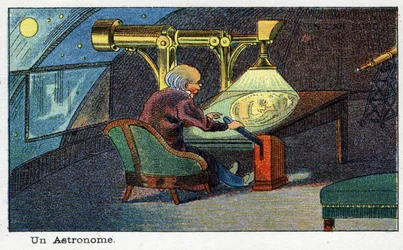 Budoucí dny: Vize roku 2000 v 19. století Řada: Astronom (pracující s konkrétním dalekohledem). Chromolitografie od Villemarda