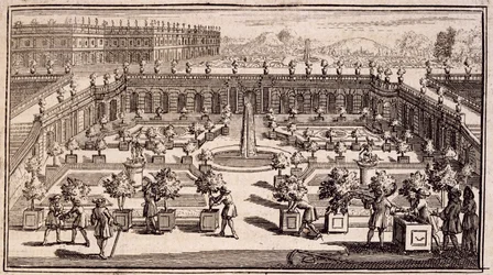 Zahradníci pracující v pomerančové zahradě, z Le Parfait Jardinier, ou Instruction pour les Jardins Fruitiers et Potager, od Jean de la Quintinye, vydáno 1695