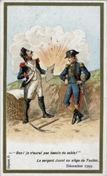 Generál Jean Andoche Junot (Jean-Andoche) (1771-1813), vévoda z Abrantes píšící dopis pro Napoleona Bonaparta při obléhání Toulonu v prosinci 1793. Britský míč zasypal papír poddůstojníka Jugnota zemí: „No,“ řekl, "Nebudu potřebovat písek!"