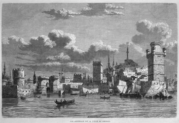 Celkový pohled na Rhodos, od La Syrie dauhui. Voyages dans la Phenicie, le Liban et la Judee. 1875-1880 Louise Charlese Emila Lorteta, 1884 (čb rytina)