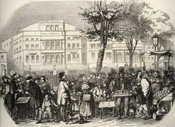 Celkový pohled na boulevard du Temple v Paříži - pouliční prodavači - Paříž - Celkový pohled na boulevard du Temple - Záchranáři obchodníků - Rytina v „Tableau-de-Paris“ od Edmonda Texiera 1852