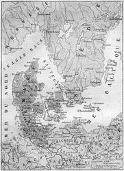Zeměpisná mapa Dánska v roce 1861 s vévodkyní ze Šlesvicka, Holštýnska a Lauenburgu. Rytina v „“ Le Monde Illustré““ č. 200 z 9. února 1861.