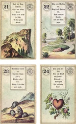 Německé vydání Lenormandské francouzské cartomancy deck: The Mountain, The Road, The Mice, The Heart, vydané nakladatelstvím Dondorf, Frankfurt, 19. století