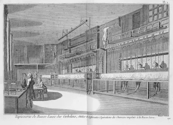 Gobelínové dílny, z encyklopedie Denise Diderota (1713-84), ryl Robert Benard (nar. 1734), vydáno kolem roku 1770