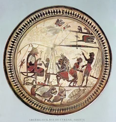 Řecký pohár zobrazující Arcesilase II., krále z Kyrény (asi 560–550 př. n. l.), který sleduje vážení a nakládání silphia, kopie originálu ze 6. století před naším letopočtem