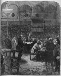 Greve des cochers de charres de Paris v roce 1878: volba delegátů do společnosti Petites Cars (Petite-Cars) v cirkusu Fernando. Rytina v „“ Le Monde Illustré““ č. 1116 ze 17. srpna 1878.
