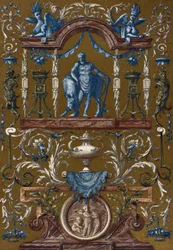 Groteska, Jean Berain starší (1640-1711), rytina ze slovníku nábytku a dekorací, svazek II, Henry Havard