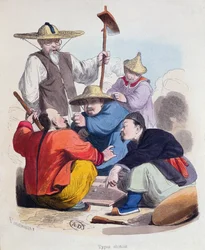 Skupina čínských mužů hrajících v kostky, cca 1850 (barevná rytina)