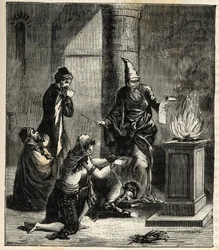 Guebres (nebo Zoroastrian) - Uctívači ohně - - Rytina v “Sciences à la potee de tous - fyzika et chimie populaire” Alexis Clerc. Konec 19. století. Soukromá sbírka.