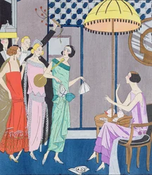 Hosté přijíždějící na Silvestra, módní talíř z Art, Gout, Beaute, 1923