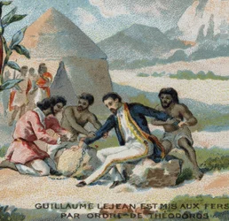 Guillaume Lejean, francouzský průzkumník, byl uveden do okovů na příkaz císaře Theodora Habešského (dnešní Etiopie). Chromolitografie 19. století.