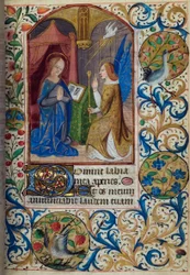 H/L-3-3 fol. 26r Zvěstování, z Knihy hodin, Použití Paříže, polovina 15. století