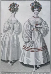 Účes s girlandou z divokých květin, Paříž, 1829 (barevná rytina)