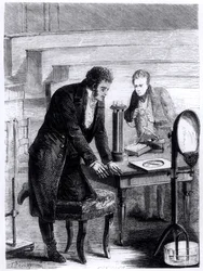 Hans Christian Oersted (1777-1851) objevil v roce 1820 odchylku magnetické střelky uzavřeným proudem z Les Merveilles de la Science od Louise Figuiera (1819-94), 1867