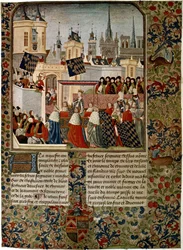 Harley 4379 f.3 Vstup královny Isabely, odcizené choť Edwarda II. (1284-1327) do Paříže v roce 1325, popravený Jeanem Froissartem (asi 1333-1404) pro historika Philippe de Comines (1445-1509) ( pergamen)