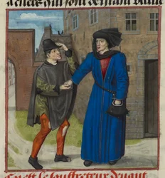Harley 4425 f.47v Detail miniatury postiženého, kterému jeho pravý přítel dává peníze, od Romana de la Rose, kolem 1490-1500 (vellum)