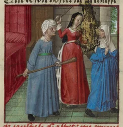 Harley 4425 fol.81v Miniatura Krásky (Krása) a Laideur (Ošklivost) bojující proti Chastete (Chastity) z římského de la Rose, kolem 1490-1500 (vellum)