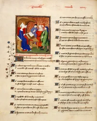Harley 4431 svazek II, f.259v Miniatura ženy čtoucí morální přísloví na začátku „Proverbes moraux“, z „Knihy královny“, od Christine de Pizan, kolem 1410-14 (inkoust, barva a zlato na pergamenu)