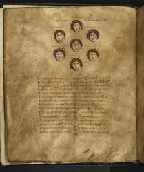 Harley 647, f.4v Ilustrace tváří Plejád, sedmi sester, které žily na nebesích jako hvězdy, se svými jmény vepsanými kolem nich, z „Aratus“ od Marca Tullia Cicera (vellum)