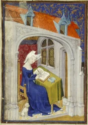 Harley MS 4431 f.004r Detail miniatury Christine de Pizan v její pracovně na začátku ‚Cent balades‘, kolem 1410-14 (inkoust a barva na pergamenu)