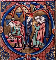 Harley Ms.1526 fol.27 Menelaos doručuje peníze z tributu Antiochovi, syrskému králi, a úplatkem si zajišťuje velekněžství, konec 13. století (vellum)