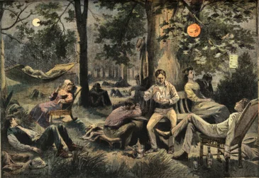 Teplo v New Yorku: obyvatelé táboří v parcích, z novin „Le Petit Parisien“, 26. 7. 1908 (rytina)