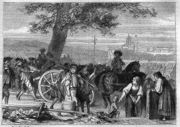 Helvetská republika, povstání rolníků z Oberland: pochod na Bern (Švýcarsko) v listopadu 1802 - rytina z roku 1865 v „Histoire du Consulate et de l