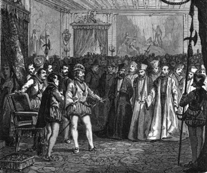 Henri IV před shromážděním významných osobností v Rouenu. V “” Histoire Populaire de la France””, sd. kolem 1885. Rytina.