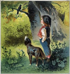 Henri pozoruje kosa na větvi v lese a vrací se ke svému životu, kdyby byl ptákem. Chromolitografie z "" Childhood Scenes"" ed. Guerin - Muller kolem roku 1885.