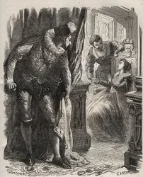 Henry (Henry) Stuart dit Lord Darnley (1545-1567) překvapil svou manželku, královnu Marii (Mary) Iere Stuart (1542-1587), svým soukromým tajemníkem Davidem Rizziem († 1566). Rytina z roku 1871 v „Histoire Des Cocuses Celebres““ od Henryho de Kocka (1819-18