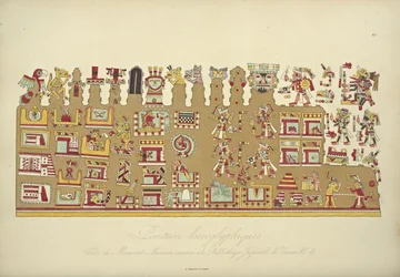Hieroglyfické malby z mexického rukopisu II, konzervované v Císařské knihovně ve Vídni, ilustrace z Vues des Cordillères et Monumens des Peuples Indigènes de lAmérique od Alexandra von H.