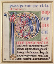 Historická iniciála „P“ zobrazující lov kance, z Bible Saint-Andre aux-Bois