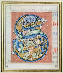 Historizovaná iniciála "S" s vyobrazením akrobata a fantastických zvířat, z Bible Saint-Andre aux Bois (pergamen)